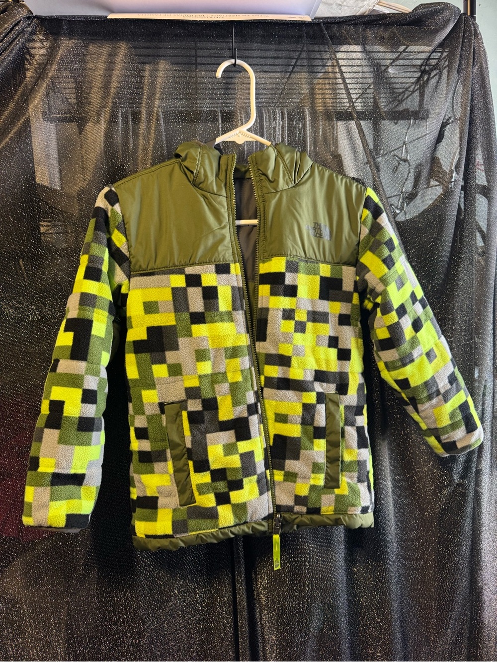 The North Face Neon Green Pixel-Block Hooded Puffer Jacket —REVERSIBLE